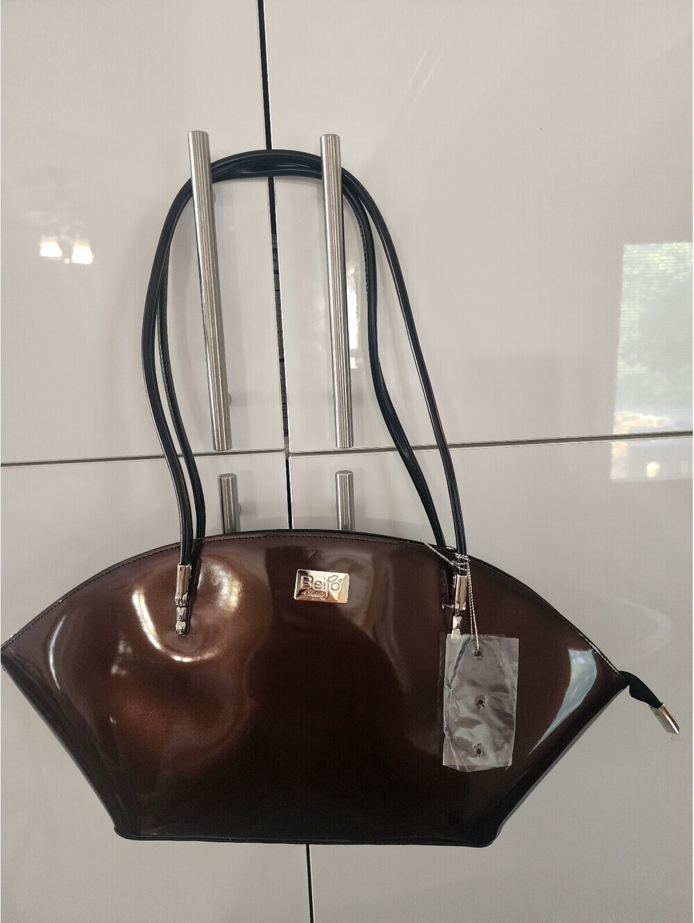 Beijo Over The Moon Chocolate Black Patent Leather Handbag